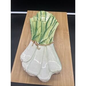 Italian Ceramic Tromp L'oeil Green Onion Leek Dish Spoon Rest Vintage